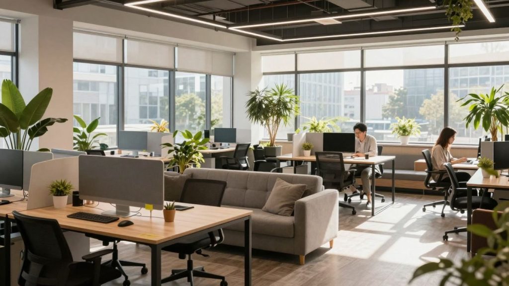 Birou modern cu spații de lucru flexibile și plante verzi.