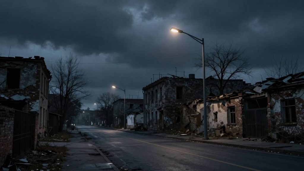 Oraș pustiu sub cer furtunos, simbolizând declinul economic.