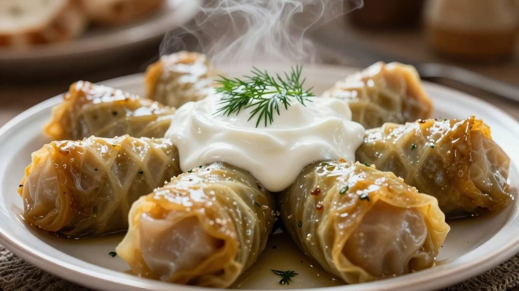 Farfurie cu sarmale, smântână și mărar pe masă.