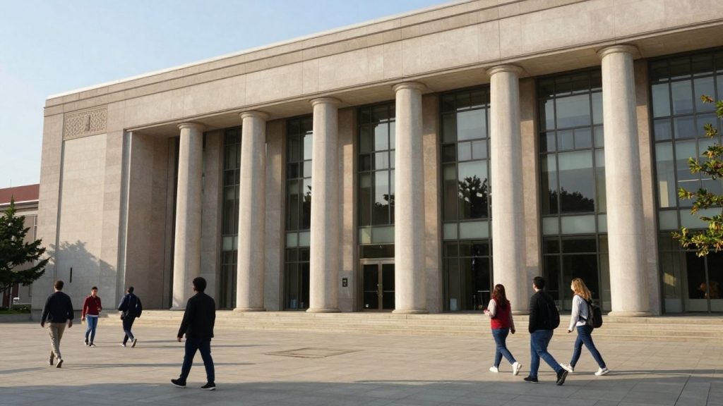 Clădire guvernamentală modernă cu coloane și ferestre mari.