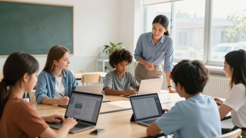 Elevi folosind dispozitive digitale în clasă.