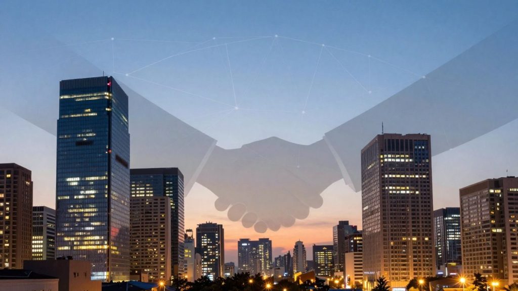 Oraș modern cu zgârie-nori iluminați și siluetă de strângere de mână.