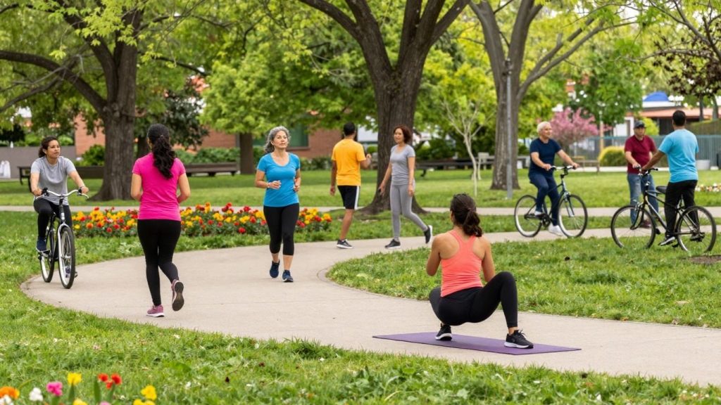 Oameni activi bucurându-se de natură și sănătate.