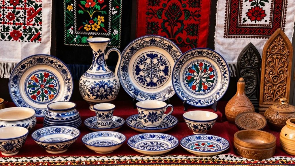 Arta populară românească: ceramică, textile, obiecte din lemn.