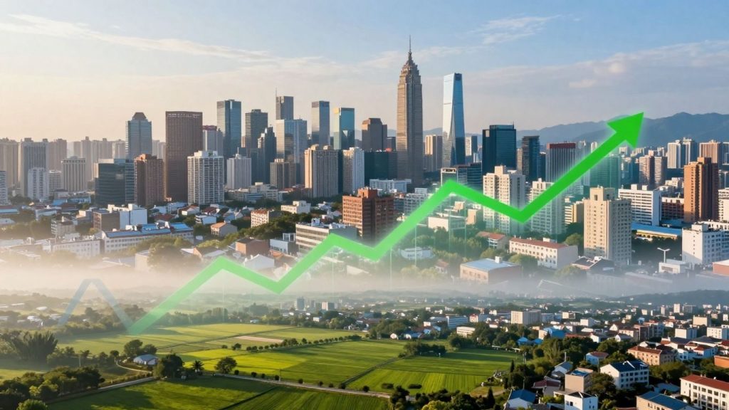 Ilustrare vizuală a ciclurilor economice în peisaje urbane și rurale.