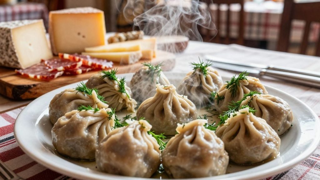 Farfurie cu sarmale și platou cu brânzeturi locale.