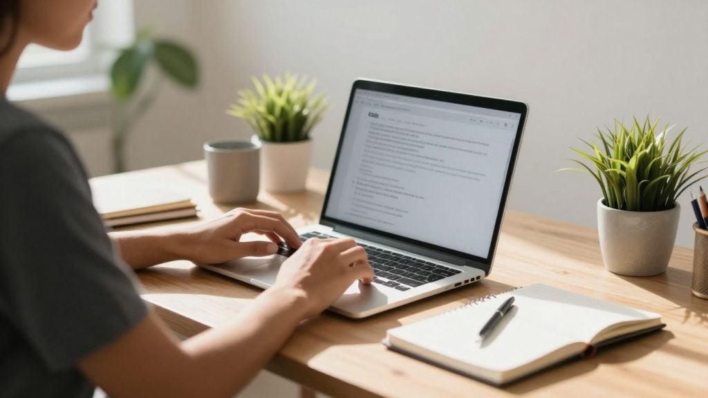 Persoană productivă la birou, lumină naturală, plante.