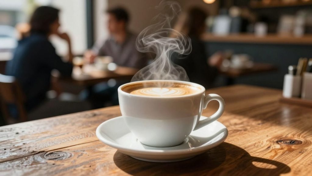 Cafea aromată într-o ceașcă pe o masă de lemn.