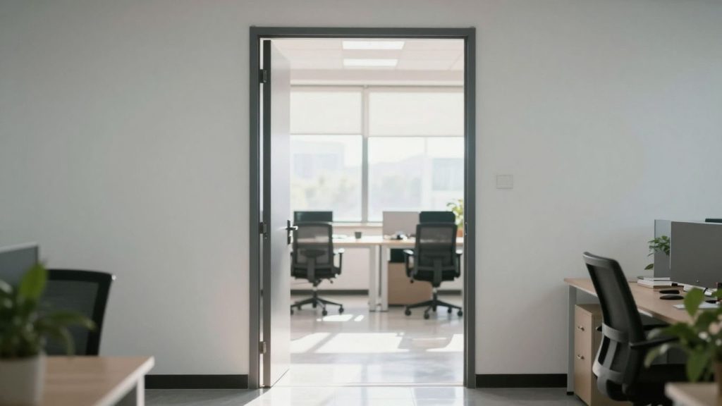 Ușă deschisă spre un birou luminos, simbolizând transparența.