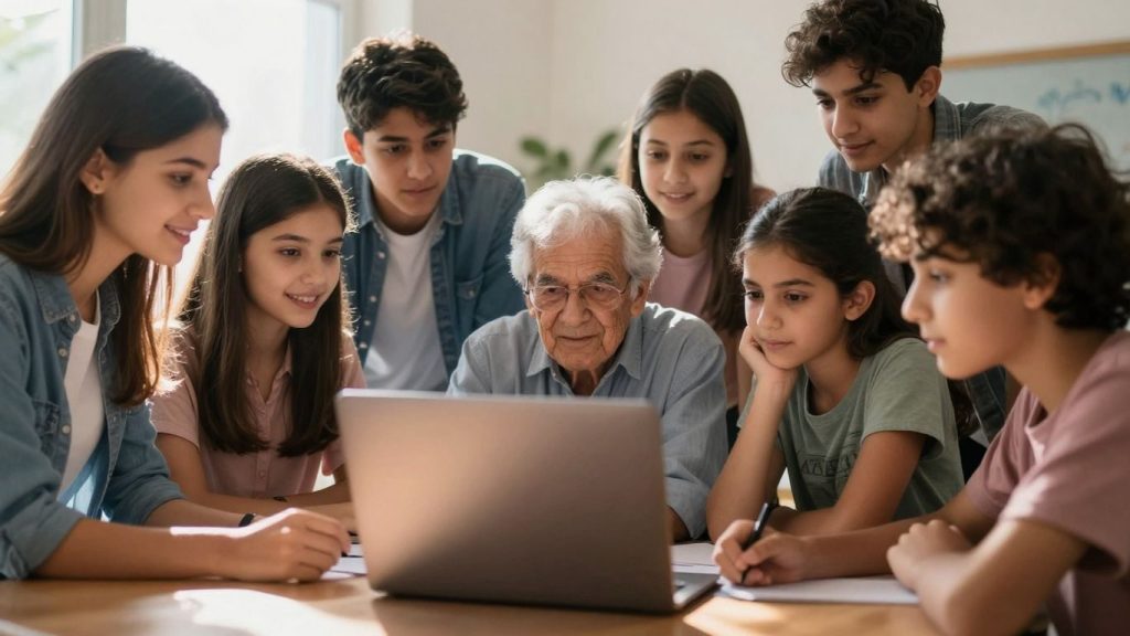 Elevi conectați la educația online prin intermediul laptopurilor.