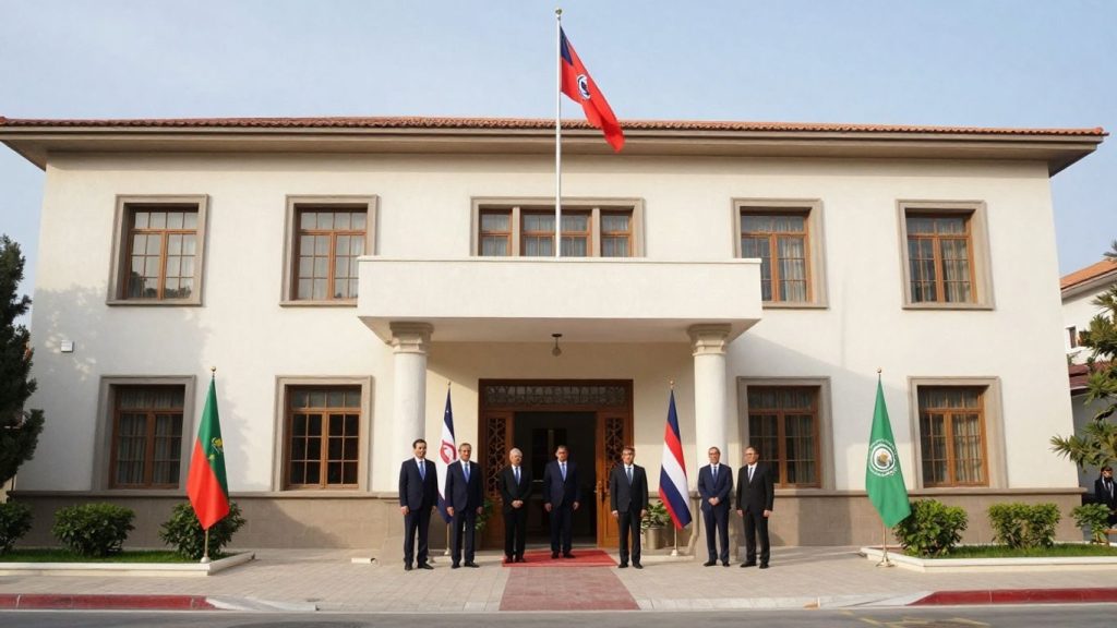 Clădire oficială cu steaguri și diplomați