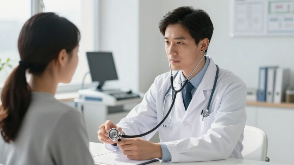 Medicul examinează pacientul cu un stetoscop.