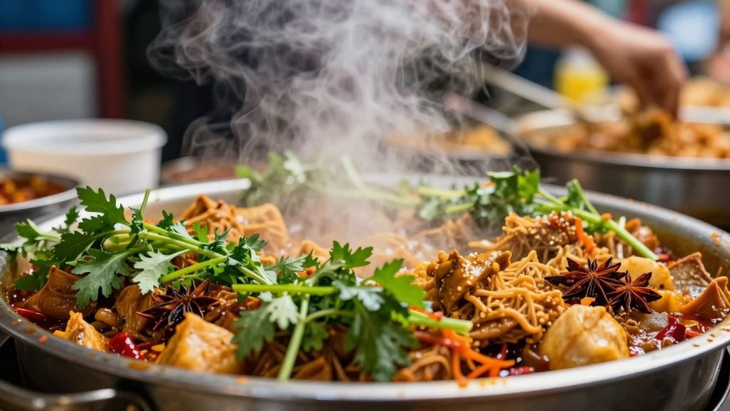 Mâncare stradală colorată și apetisantă într-o piață aglomerată.