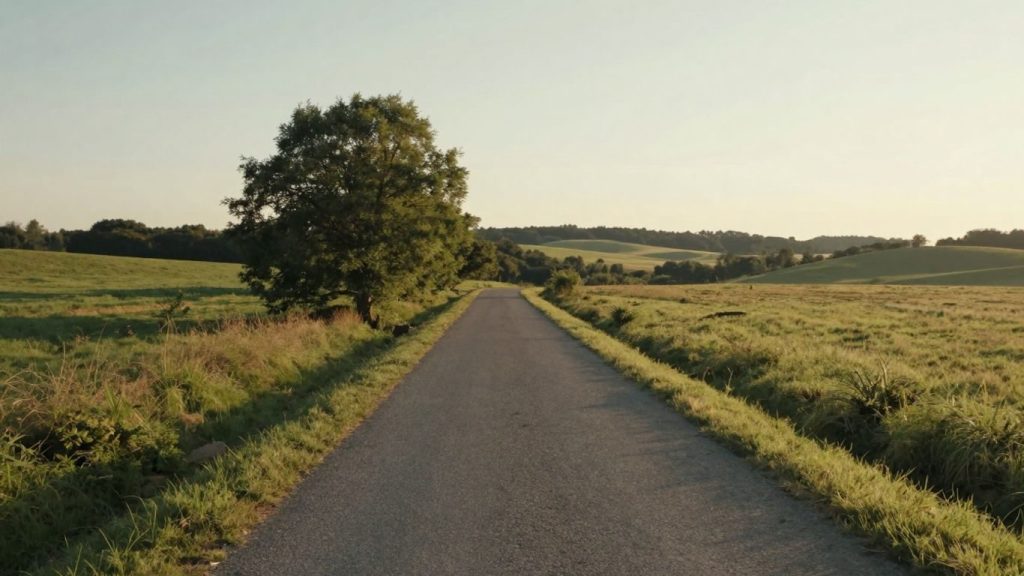 Peisaj liniștit cu o cărare simplă spre orizont.