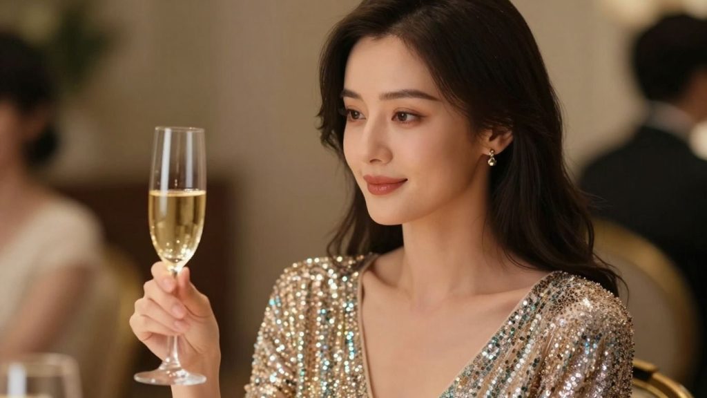 Femeie elegantă cu pahar de șampanie, aducând glamour.