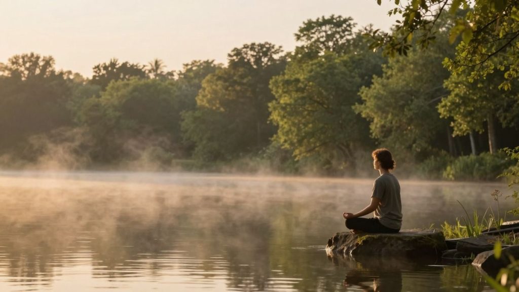 Persoană meditând lângă un lac la răsărit.