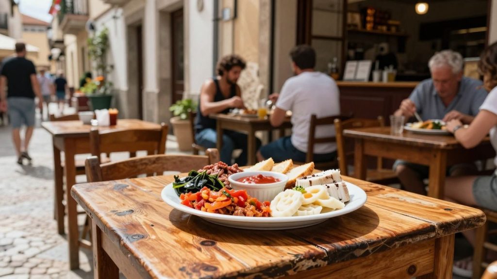 Masa cu mâncare autentică în fața unui restaurant local.