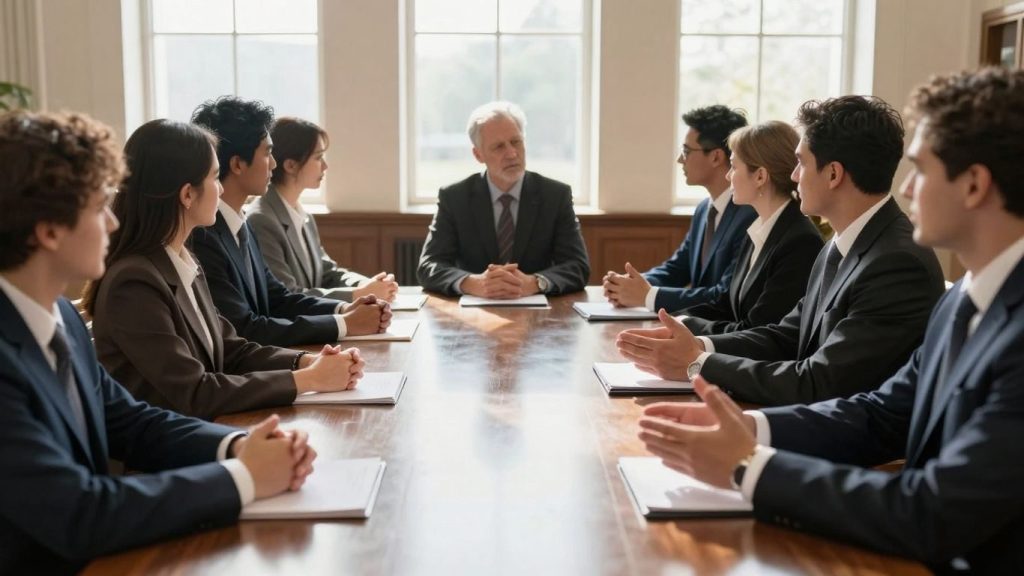 Oameni discutând la o masă într-o sală mare.