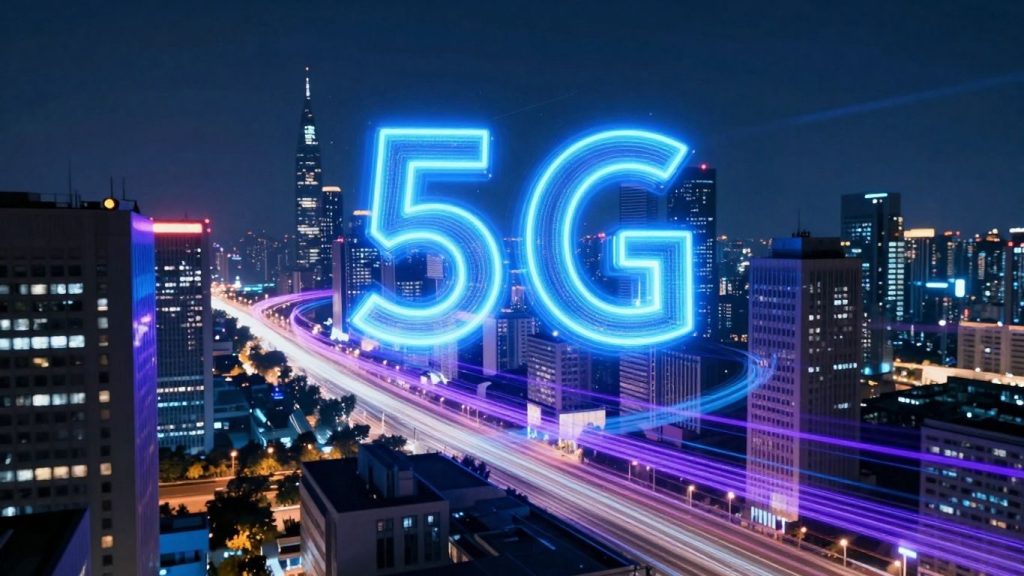 Oraș futurist cu lumini 5G.