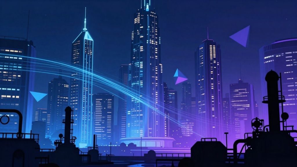 Oraș futurist cu linii digitale conectând clădirile.