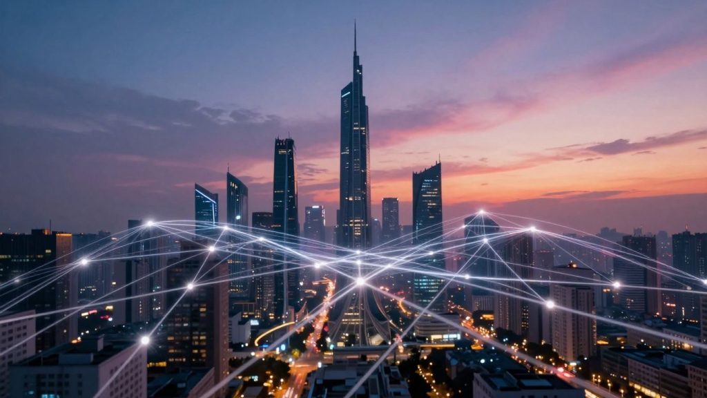 Rețea digitală futuristă conectând un oraș sub cerul nopții.