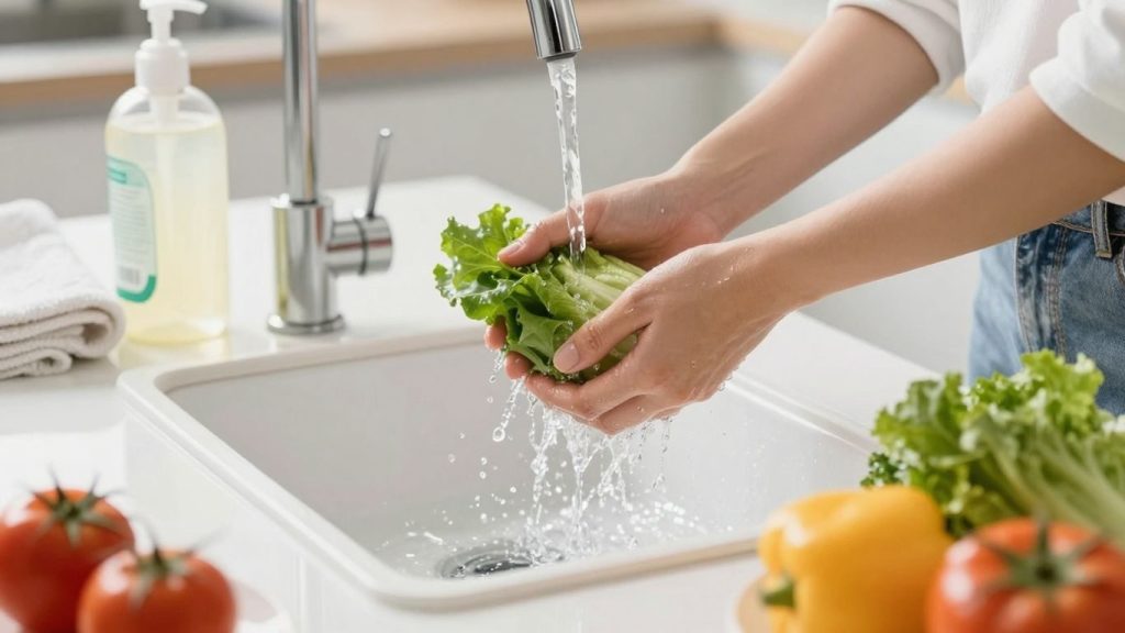 Curățarea fructelor și legumelor proaspete sub jet de apă.