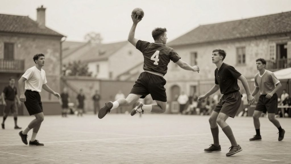 Jucători de handbal în acțiune, evoluție istorică.