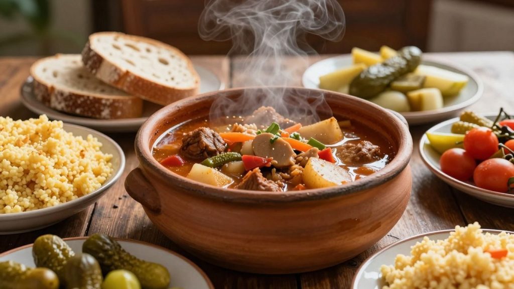 Preparate tradiționale românești pe o masă din lemn.