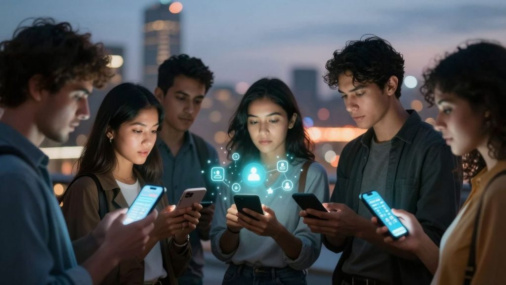 Oameni uitând la telefoane, rețele sociale, opinie publică.