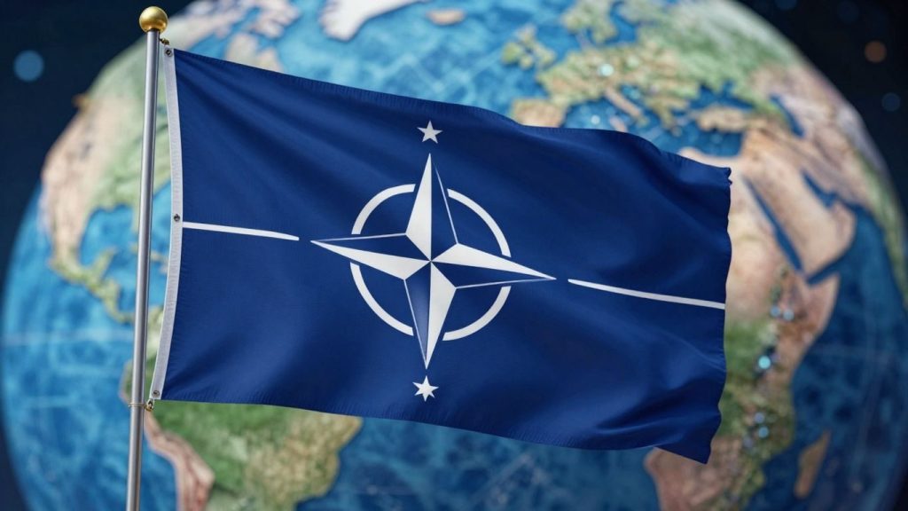 Steagul NATO pe fundalul globului pământesc.