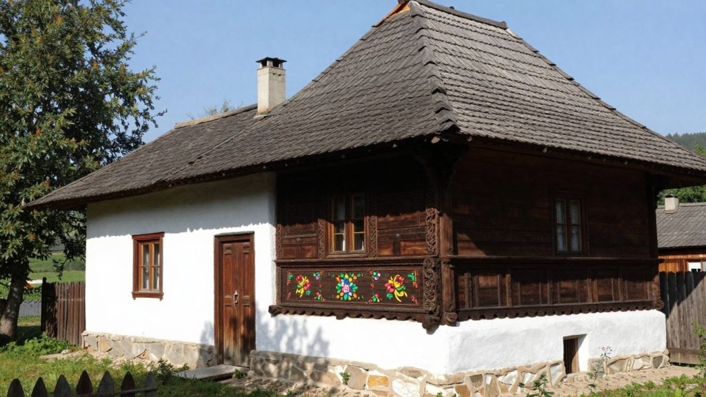Case tradiționale românești cu acoperișuri abrupte și lemn sculptat.