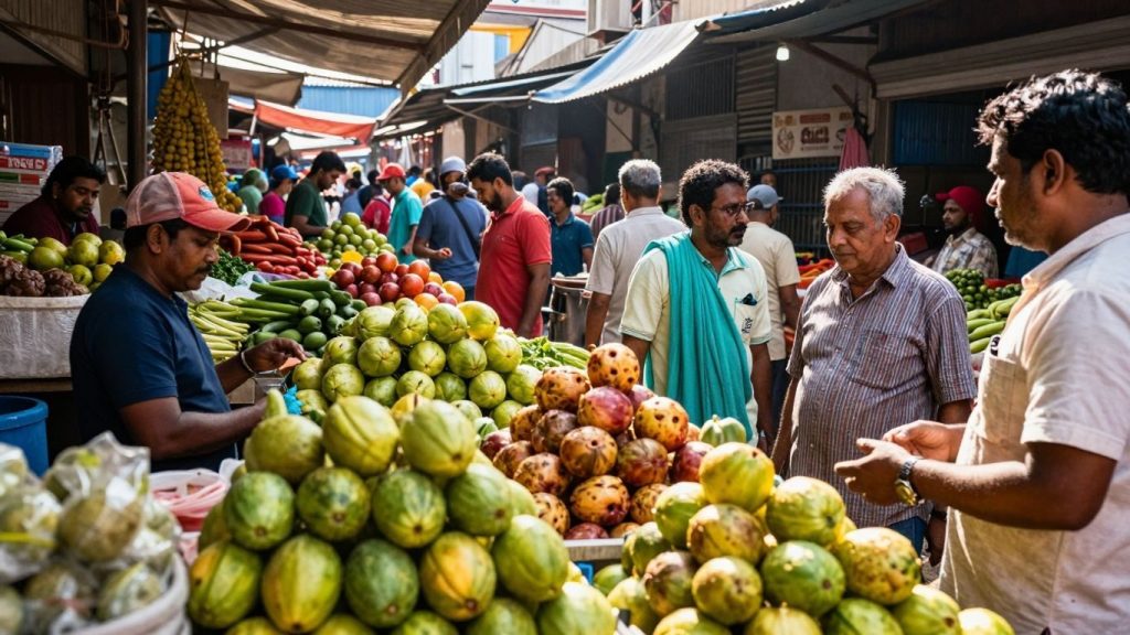Oameni la o piață locală plină de produse proaspete.
