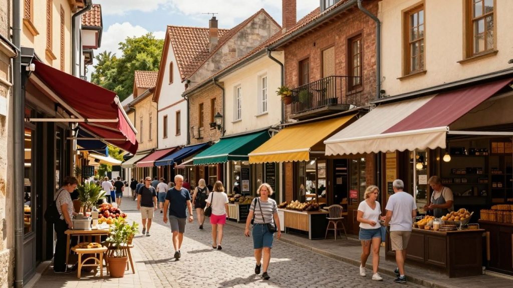 Oamenii cumpărând în magazine locale mici.