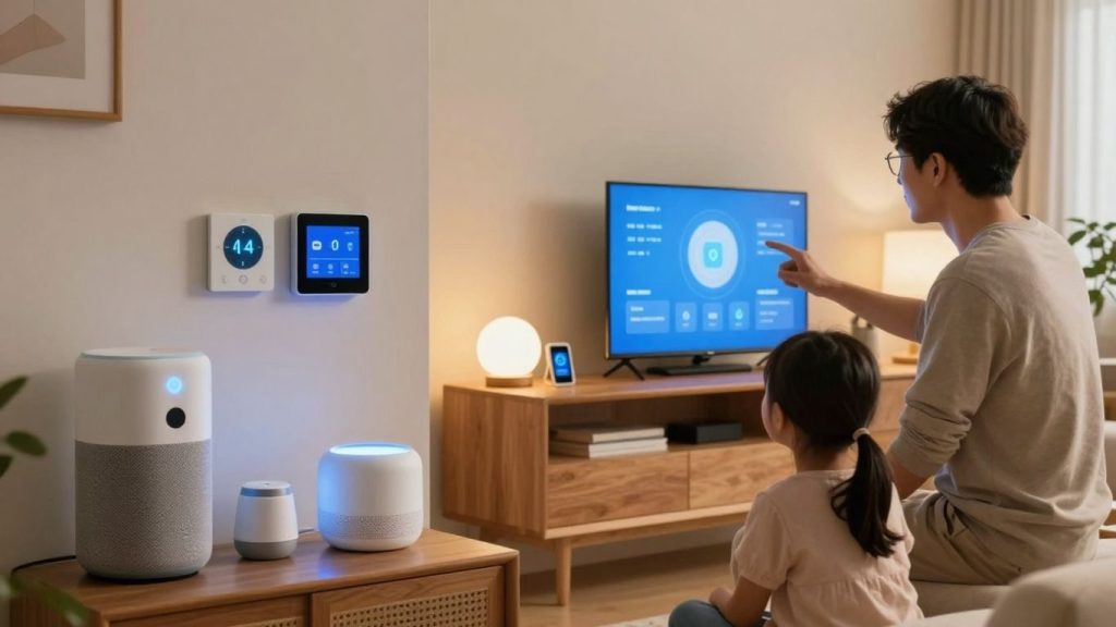 Casă inteligentă cu dispozitive conectate și familie fericită.