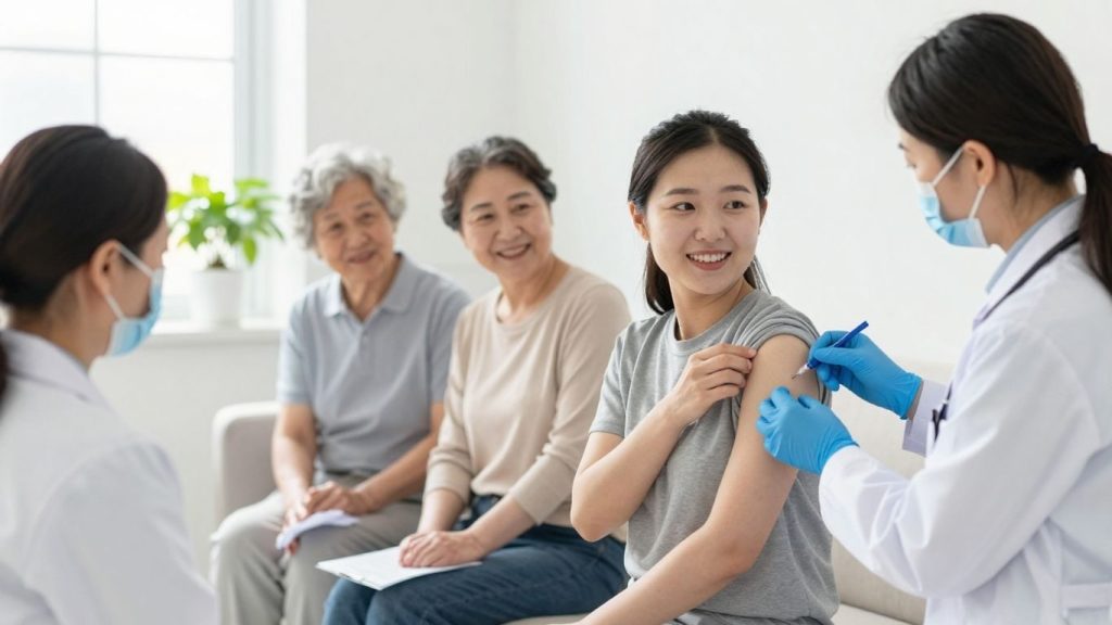 Oameni de toate vârstele primind vaccinuri de la medici.