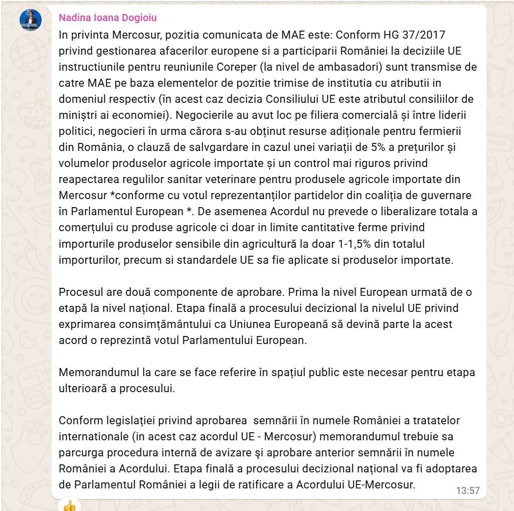 Titlu: Decizia României de a vota pentru acordul UE-Mercosur: Ce spun Guvernul și MAE