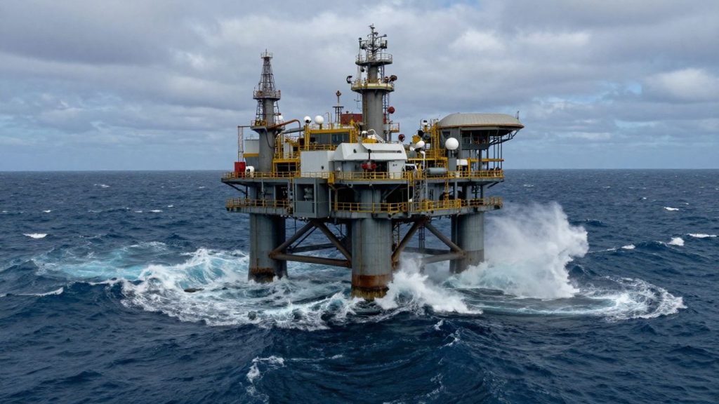 Platformă petrolieră în larg, valuri, cer dramatic.