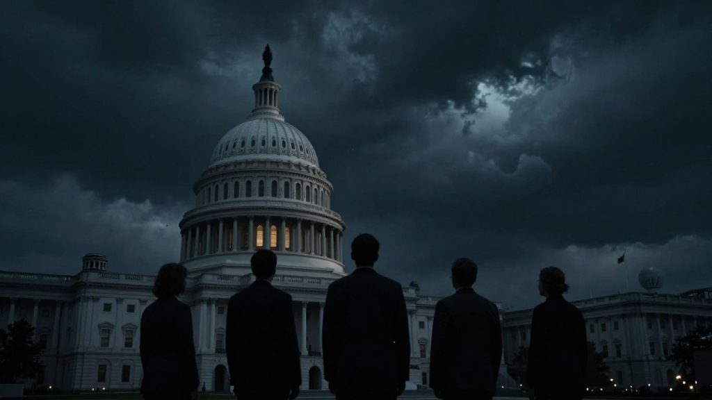 Congresul SUA și globul pământesc sub cer furtunos.