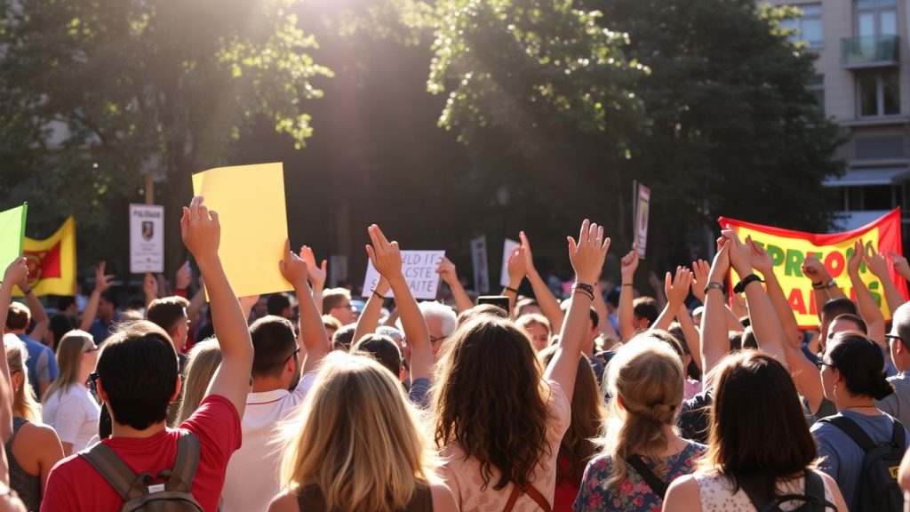 Oameni uniți în piață, manifestând pentru democrație.