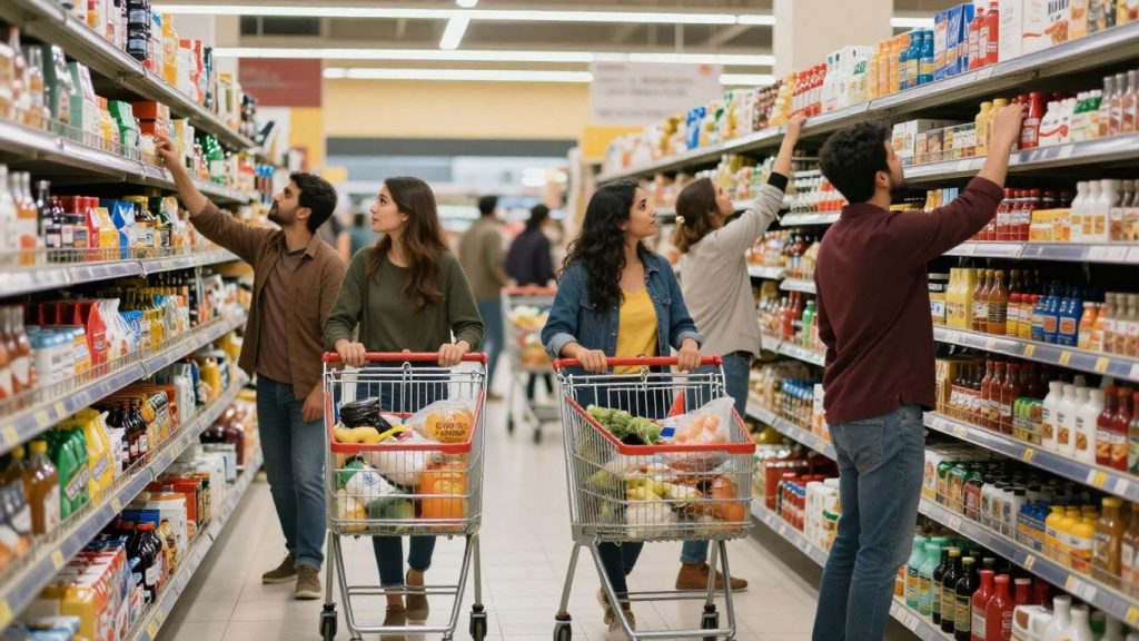 Oamenii fac cumpărături în supermarket, alegând produse.