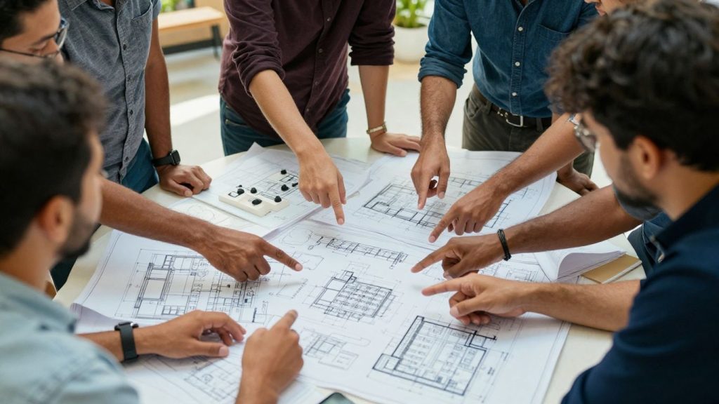 Oameni discutând planuri de dezvoltare locală la o masă.