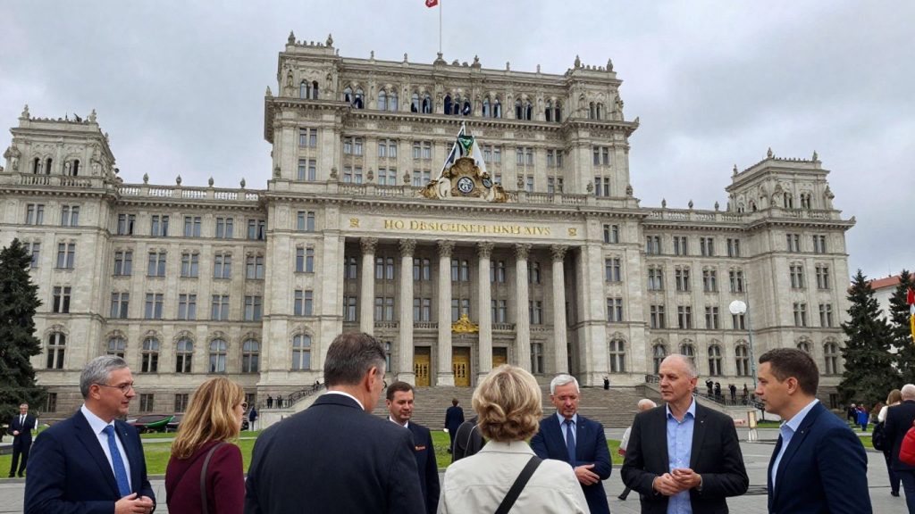 Clădirea Parlamentului României și cetățeni interacționând.
