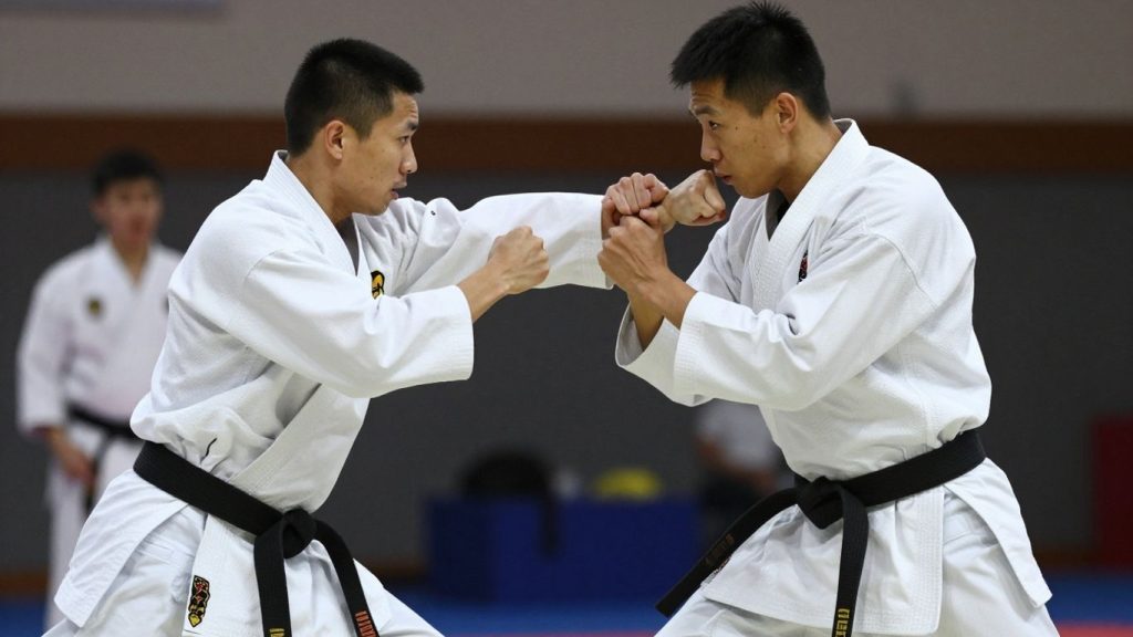 Doi practicanți de karate în acțiune, într-o sală de antrenament.