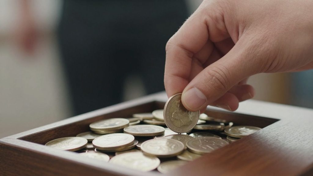 Mână introducând monede într-o cutie de colectare.