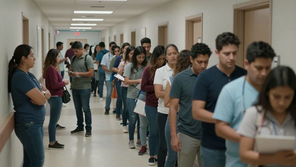 Oamenii așteptând la coadă în spital.