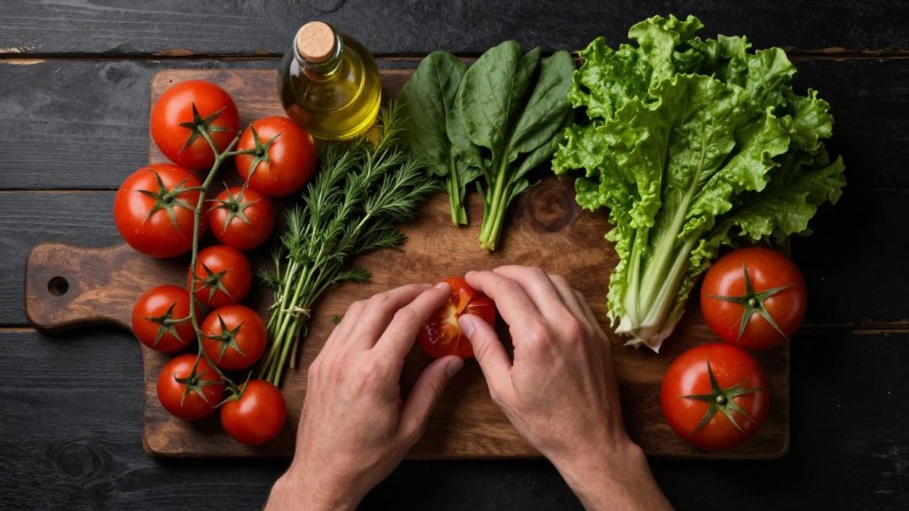 Ingrediente proaspete pe o masă de lemn, gata pentru gătit.