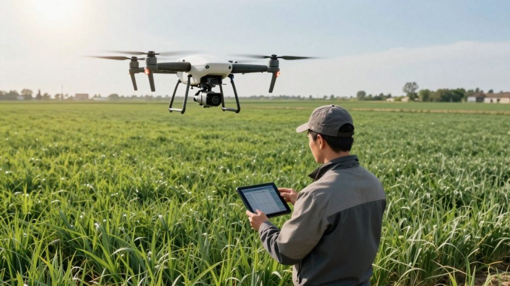 Dronă deasupra câmpului, fermier cu tabletă.