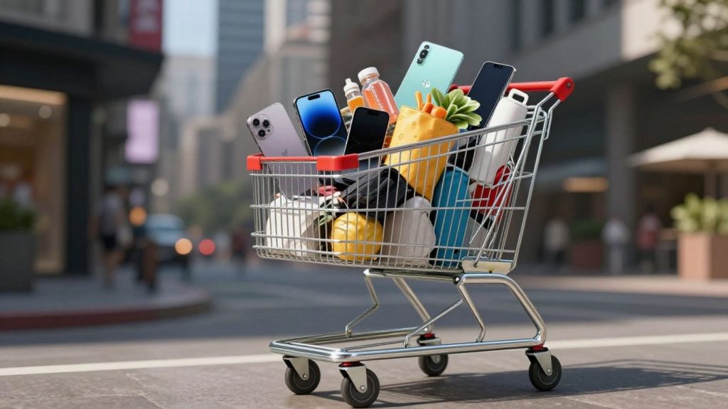 Coș de cumpărături plin cu produse, sugerând creștere.