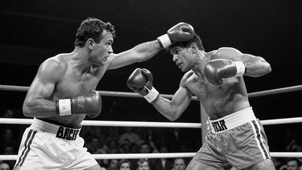 Doi boxeri într-un ring, luptând intens.