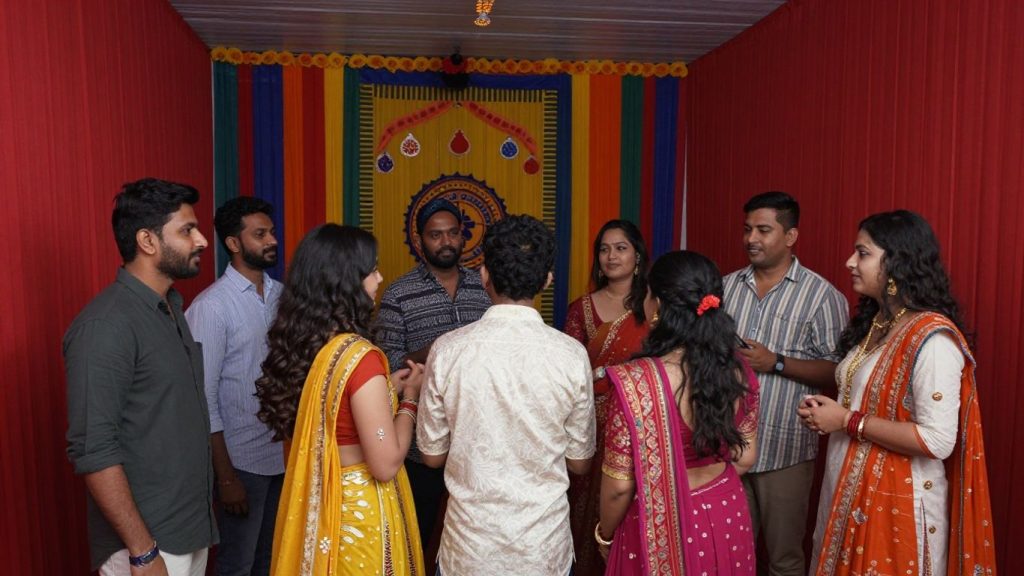 Oameni bucurându-se de un eveniment cultural vibrant.